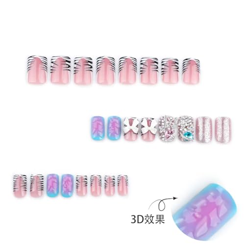 Image of French Tip Press on Nails Short Square Fake Nails Stripe Glue on Nails with Rhinestone Bow Design Glossy Stick on Nail Artificial Acrylic Full Cover Water Drop False Nail for Women Manicure 24Pcs