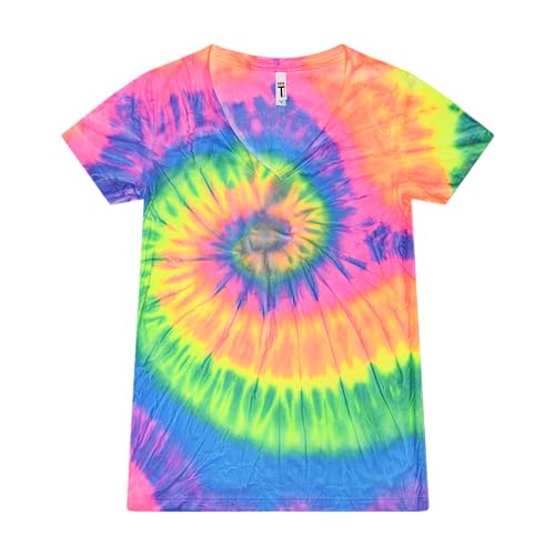 Colortone Short Sleeve V-Neck Tie Dye T-Shirts for Women, Neon Rainbow, Large