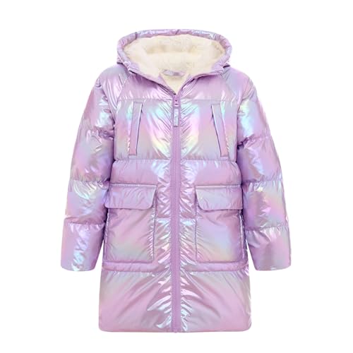 Cutemile Girls Winter Puffer Jacket Size 8 Kids Red Metallic Down Coat Long Hooded Fleece Lining Coats Outerwear 7-8 Years