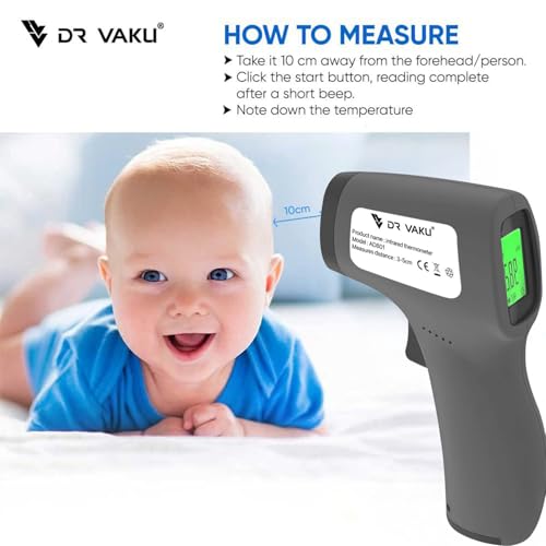 Image of DR VAKU Digital Thermometer For Fever Non-Contact Laser Infrared Forehead Thermometer Temperature Gun Accurate Reading with Large Display [Battery Included] - Grey