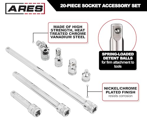 Image of ARES 40003-20-Piece Socket Accessory Set - Premium Chrome Vanadium Steel with Mirror Finish - Includes Socket Adapters, Extensions and Universal Joints