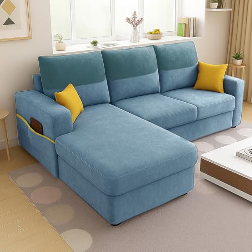 Image of Furny Tokiaa 4 Seater Fabric LHS L Shape Sofa Set (Sky Blue) | Soft Velvet Fabric | Modern Design | Comfortable Seating | Living Room Furniture