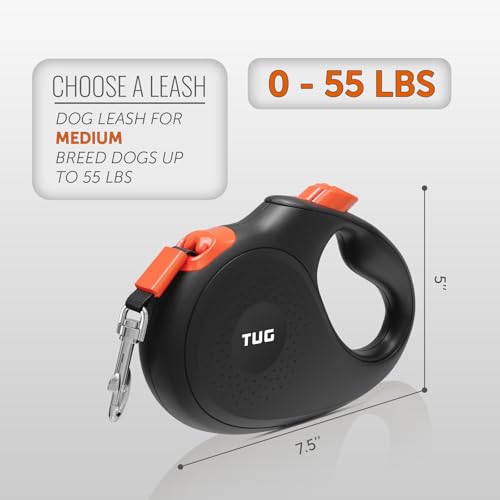 TUG 360° Tangle-Free Retractable Dog Leash | 16 ft Strong Nylon Tape (Medium, Black/Orange) — view 3