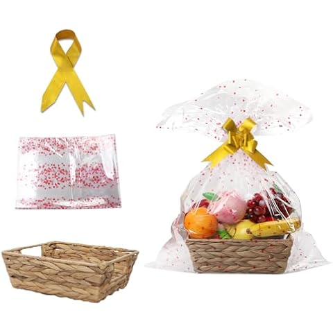 Wicker Baskets for Gifts, Hand-Woven Natural Water Hyacinth Gift Basket, With Bow and Empty Gift Bag, Baskets for Gifts Empty for Christmas, Easter, Valentine's Day, Children's Day, Birthday Gifts Cover