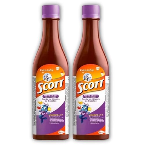 Yahve - Emulsion de Scott Aceite de hígado de bacalao sabor Frutas Tropicales Pack de 2 de 6.1 fl oz - 180 ml - Suplemento dietético para niños con vitamina A y Calcio -