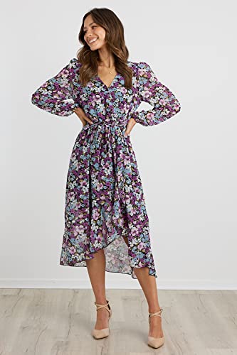 Image of PRETTYGARDEN Women's Floral Boho Dress Fall Long Sleeve Wrap V Neck Ruffle Flowy Maxi Spring Wedding Guest Vacation Dresses