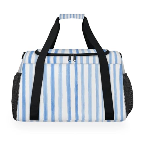 Stripes Blue White Watercolor Travel Duffel Bag Weekender Overnight Bags for Women Men Foldable Waterproof Tote Bag with Trolley Sleeve