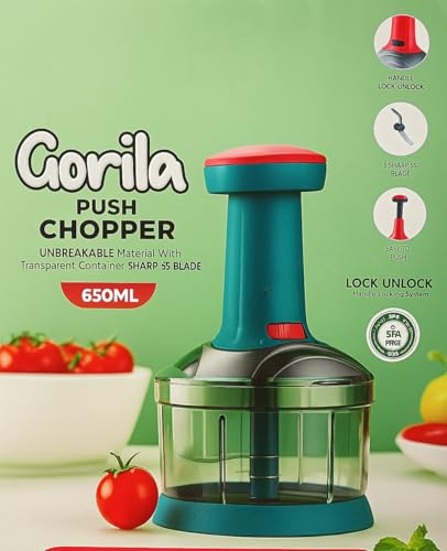 Image of YOUONE Push Chopper, 1000ml Capacity, Stainless Steel Blade, Transparent Container with Lock System, Green (Green Chopper 650 ML)