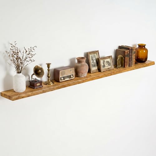 Image of Dreamland 72 Inch Floating Shelves for Wall, Solid Elm Wood Live Edge Wall Shelves for Living Room, Bedroom, Kitchen, Bathroom, Wall Mounted Long Floating Shelf Set of 1, Natural