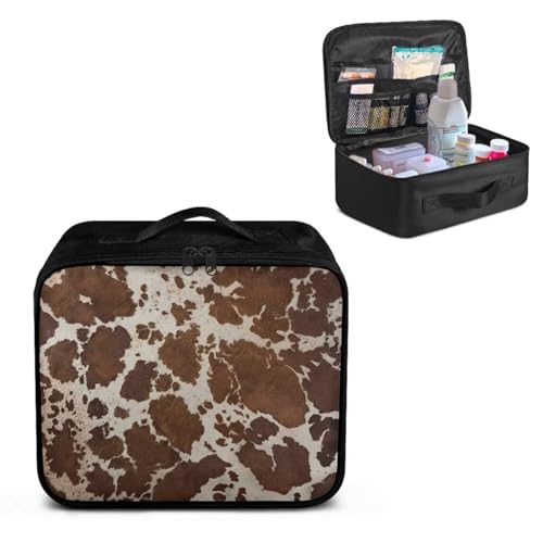 Image of Gomyblomy Brown Cow Print First Aid Kit Empty First Aid Kit Bag Large Capacity Travel Medicine Bags Portable Emergency Kits Medical Supplies Organizer Bag for Home Car Camping