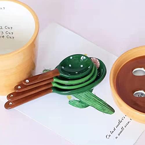 Ceramic Cactus Measuring Spoons with Holder Set of 5 Baking Measuring Spoons for Wet & Dry Ingredients Cactus Figurine Dishwasher Safe Mixed Colors 1 Tbsp 1 TSP 1/2 TSP 1/4 TSP 1 Cup Yellow (B)