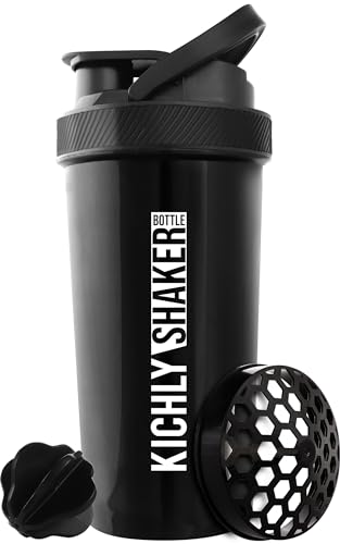 KICHLY Botella Mezcladora 800ml - Botella Mezcladora de Proteínas de Plástico para antes y después del entrenamiento, con Twist and Lock, Bola Mezcladora de Plástico - Negra, Paquete de 1