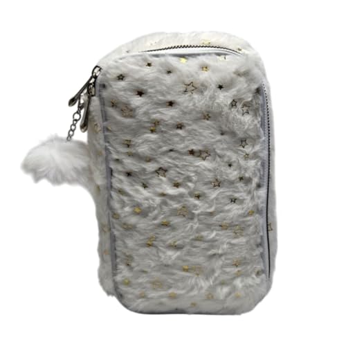 Estojo Escolar Pelúcia Branco Estrelas Douradas Fofo Grande