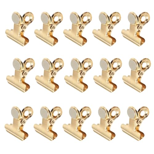 BAZEITFLOW 15 Clips Magnéticos de Metal Dorados para Refrigerador, Pizarra Blanca y Manualidades, Tamaño Pequeño, Paquete de 15 Unidades, Accesorios Domésticos para Cocina, Oficina
