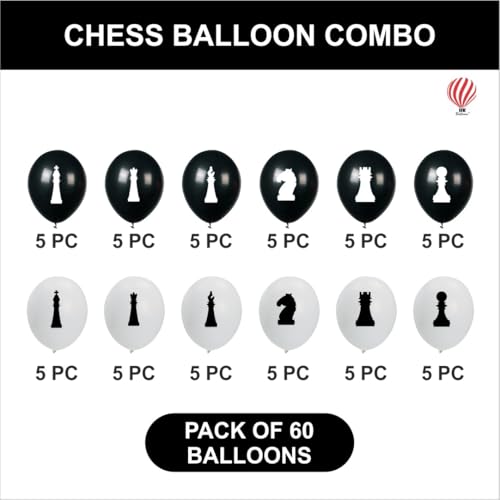 Image of HK Balloons Chess Theme Black & White Balloons Set for Kids Birthday Party Decoration | Chess Themed Latex Balloons Kit for Boys & Girls | Helium Supported Party Supplies | 60 Pcs