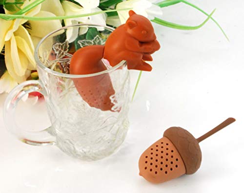 Cute Squirrel Shape & Acorn Nut Tea Infusers Set Loose Leaf Strainer Herbal & Fruit Tea Filter Diffuser Food Grade Silicone In Brown Lot Of Two Nature Wildlife #TOP1