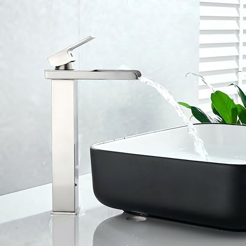 XWIHTR Grifo de baño cascada, grifo de baño de acero inoxidable y latón, ahorro de agua, grifo para lavabo; boca caliente y fría, grifo de lavabo de un mango (cepillado-h)