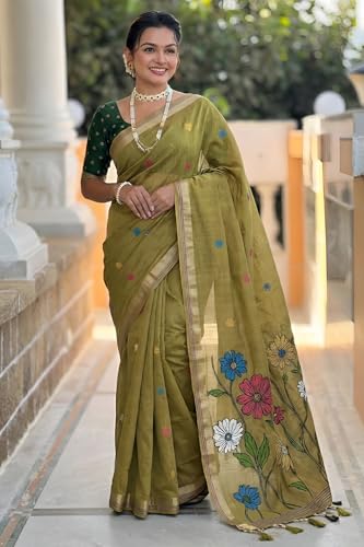 Image of SGF11 Women's Soft Cotton Linen Silk Saree With Blouse Piece