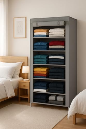 Image of VIPEK Foldable Wardrobe for Clothes, Cloth Organizer for Storage with 6 Shelves, Multipurpose Clothes Rack for Home & Bedroom (Grey, 6 Layer)