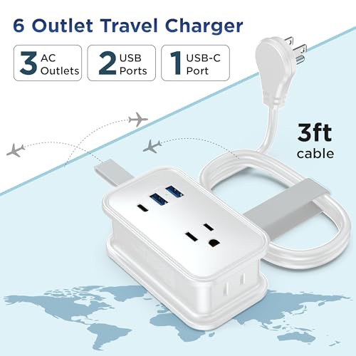 Image of Travel Charger for Multiple Devices, Flat Plug Power Strip 3ft Adapter Extension Cord, 3 AC Outlets, 2 USB & 1 Fast Charging USB-C, No Surge Cruise Approved, Portable Power Strip