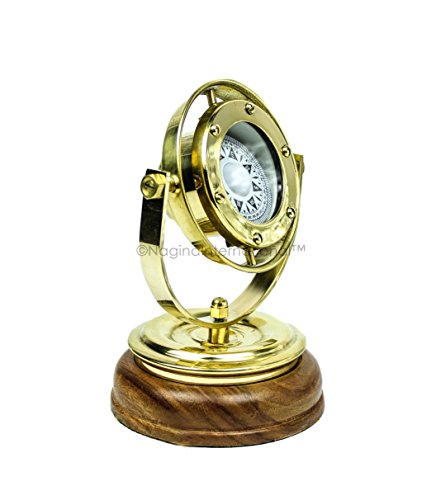 Nagina International 5"Compas directionnel entièrement Fonctionnel Nautique à cardan en Laiton avec Socle en Bois et axe de Rotation | Décoration de Cadeau Maritime Cover