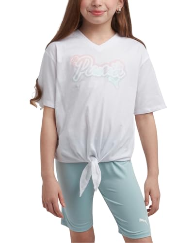Image of PUMA Girls' Biker Short Set - 2 Piece Short Sleeve Crewneck Graphic Tee Shirt and Bike Shorts for Girls (Sizes: 7-14)