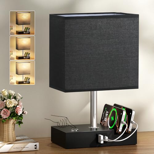 PreeOtti Black Bedside Lamp Touch Lamp with USB Charging Station and Organizer(Bulb Included)