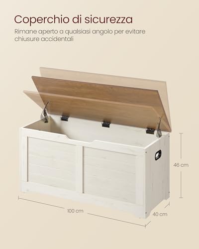 VASAGLE Cassapanca, Panca Portaoggetti, Pouf Organizzatore con 2 Cerniere di Sicurezza, Scarpiera, 40 x 100 x 46 cm, Corridoio, Camera da Letto, Soggiorno, Bianco Vintage e Marrone Miele LSB061WJ01 - Immagine 2