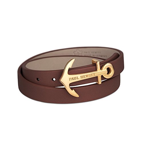 PAUL HEWITT Damen Wickelarmband North Bound aus Leder in Braun und Anker aus Edelstahl in Gold Armband-Länge 37,5 cm