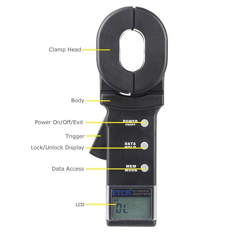 Clamp Earth Resistance Tester Pincer Ground Tester Grounding Lead Resistance Measurement with Measuring Resistance Range 0.010Ω to 1000Ω Data Memory 99 Groups