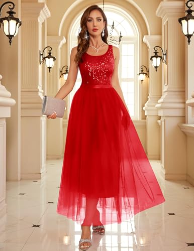 Image of BeryLove Sequin Dress for Woman Vintage A Line Wedding Formal Swing Mesh Dress Sleeveless Cocktail Maxi Gowns