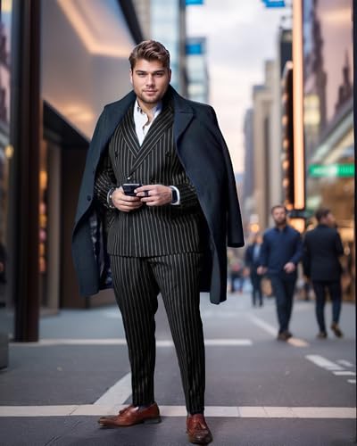 Men’s Pinstripe 2 Piece Suit Big and Tall Double Breasted Formal Wedding Tuxedo Suit4