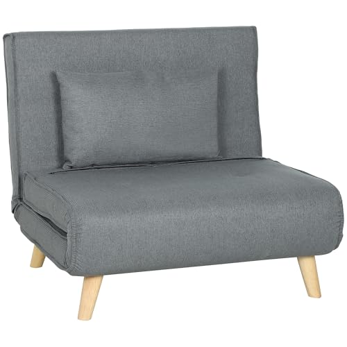 HOMCOM Sofá Cama de 1 Plaza 3 en 1, Sillón Cama Plegable Tapizado en Lino Sintético, con Respaldo Ajustable en 6 Niveles, Almohada, Asiento Ancho, Patas de Madera, 90x78x79 cm, Gris
