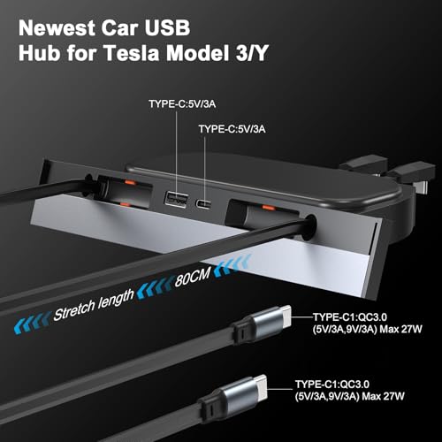Image of Upgrade Tesla USB Hub for Tesla Model 3&Y - 4Ports Fast Chargr for Model Y /3 Accessories 2023 2022 2021 Retractable Docking Station, 2 Type-C Fast Charging Cables (Not Fit Model 3 2024)