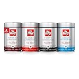 Café Molido Illy 100% Arábica para Expreso, Latas de 250 g - 1 x Tueste CLASSICO + 1 x Tueste INTENSO + 1 x Tueste FORTE + 1 x DECAFFEINATO