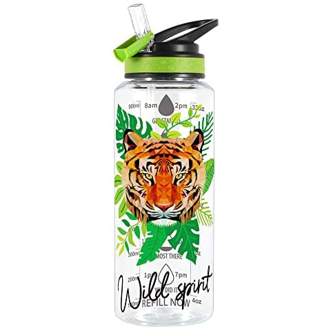 Home Tune 32oz Water Drinking Bottle - Tritan BPA Free, Wide Mouth, Straw Flip Lid, Easy Open, Lightweight, Leak-Proof Water Bottle with Foil Print Design For Girls & Boys - Tiger Cover