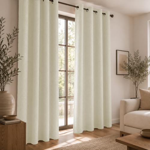 Image of LINENWALAS 100% Blackout Curtains for Door (7.5 Feet) - Set of 2 Panels, Herringbone Linen Texture Complete Light Block, Thermal Insulated & Noise Reducing Room Darkening Drapes (Pearl White)
