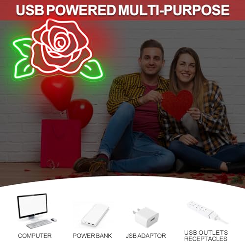 Image of Rose Flower Neon Light Signs for Wall Flower Shop Window, Room, Cafe Art Decorative Lady Gift Wedding Bachelorette Party Bridal Banquet Background Decor Sign, 15.7 inchx10.8 inch, Red