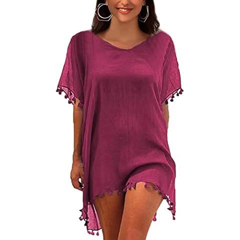 Womens Bathing Suit Beach Cover Up Tassel Kaftan Loose Blouse Tops Wine Red Cover