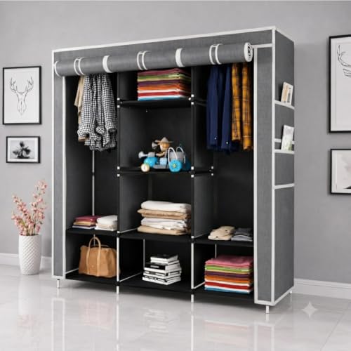 Image of Portable Fabric Wardrobe with 6 Shelves and 2 Hanging Rods, Grey