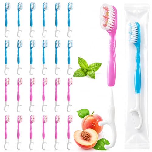 24 Cepillos de Dientes Desechables 5 en 1 con Pasta – Cepillo Dientes Viaje con Hilo Dental, Limpiador Lingual y Palillo, Mini Cepillo de Dientes con Pasta, Portátiles Sin Agua Menta y Melocotón