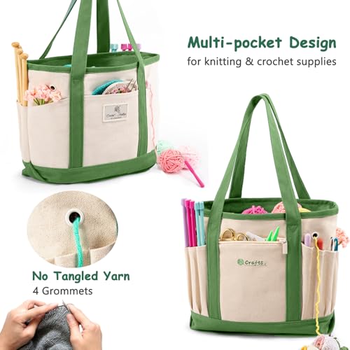 Image of MYBAGZING Canvas Yarn Storage Organizer Bag Washable Crochet Bag with Pockets for Yarn, Hooks, Needles - Travel Knitting Tote for Crafters - Gift for Crocheters & Knitters (Medium /Large)