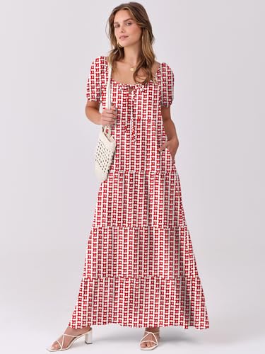 Image of ANRABESS Women's Boho Maxi Dresses 2025 Summer Casual Floral Puff Short Sleeve Tie Front Flowy Swing Tiered Long Beach Dress