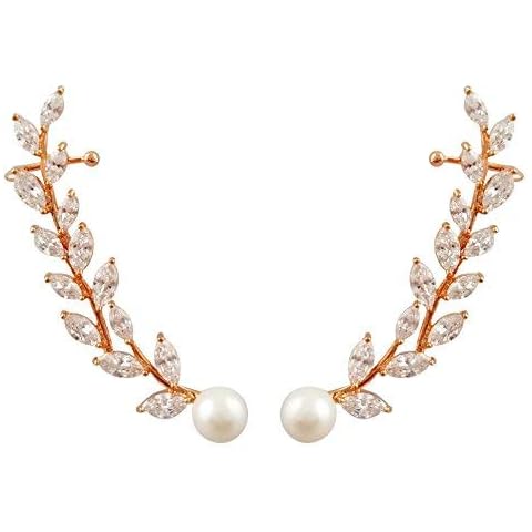 SELOVO Rose Gold Tone Simulated Pearl Zircon 925 Sterling Silver Post Cuff Crawlers Wrap Earrings Cover