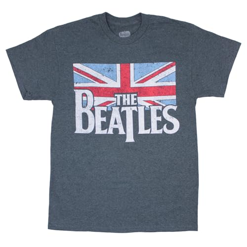 Bravado Men's Beatles Distressed British Flag T-shirt, Grey, Black, Large