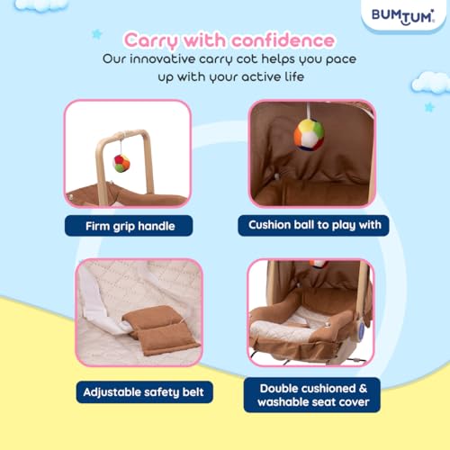 Image of BUMTUM Baby Carry Cot & Rocking Chair with Adjustable Handle| 3-Point Safety Lap Belt | Double Cushioned Washable Seats & Large Canopy for Babies (Brown)