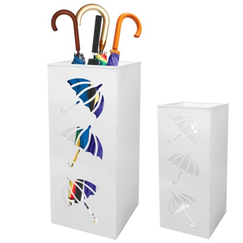 Yuragim Portaombrelli Design Moderno Porta Ombrelli in Metallo Bianco, Contenitore per Ombrelli con Vaschetta Scolapioggia, Portaombrelli Quadrato per Interno Esterno Ingresso Casa e Ufficio