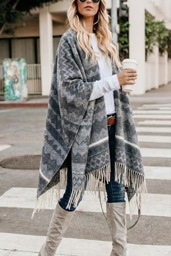 Image of Bestshe Women's Boho Open Front Poncho Plaid Shawl Wrap Cape | Tassel Cardigan Sweater, Cozy Layering, Fall Winter Clothes for Women