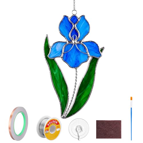 LemonRoad 1 Set Unfinished Pre Cut Stained Glass Kits for Adult DIY Stained Glass Craft with Solder Wire Flux Brush for Home Birthday Party Decor (Blue Iris)