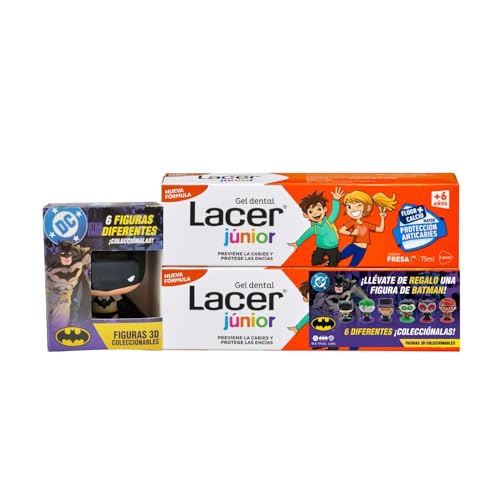 LACER JUNIOR - Pack 2 x 75 ml Gel Dental Sabor Fresa con una de las Figuras de Batman, para Niños de +6 años, Sabor a Fresa, Previene la Caries, Fórmula de Flúor Más Calcio, Cuida los Dientes de Leche